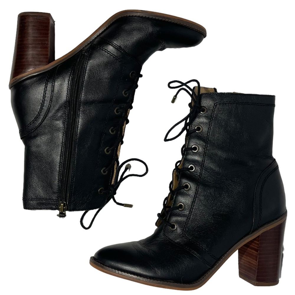 Franco Sarto black Leather Boots womens size 10 heel lace up and zip up like new